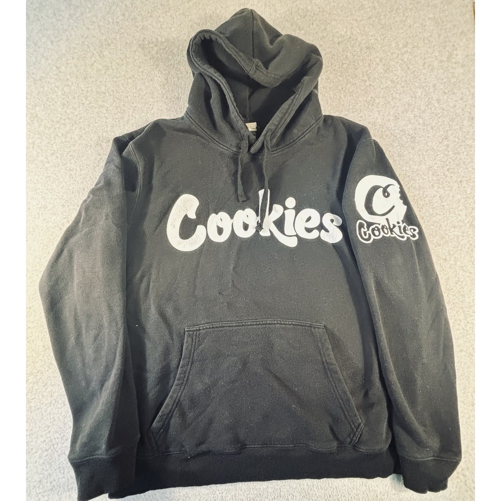 Cookies Black Pullover Hoodie White Logo Sleeve Graphic Mens Medium Approx